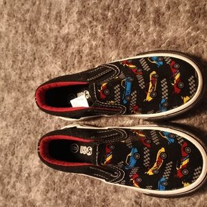 Kids' Black Sneakers with Colorful Car Print Size 9 And The Price 10.00